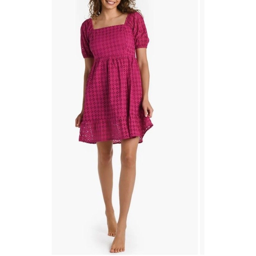 Nwt La Blanca Magenta Eyelet Mini Dress Cover Up Med Smocked Cotton Resortwear